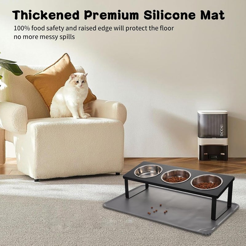 Summark Upgraded Elevated Cat Bowls with Food Mat,15°Tilted Stand Anti Vomiting Raised Cat Dishes for Food and Water,3 Stainless Steel Bowls for Cats and Puppy（Black） - Image 3